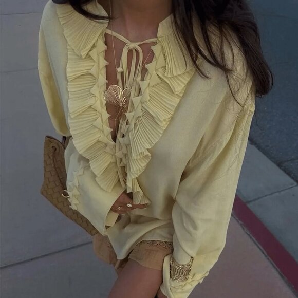 Yellow Casual Women's Beach Style Ruffled Front Short Back Long sleeve top - Picture 2 of 9